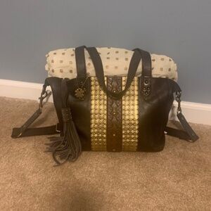 LUCKY BRAND Large Suede Leather Handbag, Purse Pocketbook Brown Gold